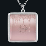 Monogram Rose Gold Glitter Drip Pink Name  Silver Plated Necklace<br><div class="desc">A rose gold dripping glitter monogrammed name necklace for her.  These make great bridal party gifts.
 See our other products in the Rose Gold Dripping Glitter collection.</div>