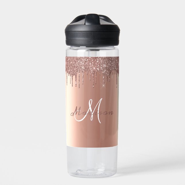 Monogram Rose Gold Glitter Drips Girly Sparkle Fla Water Bottle (Front)