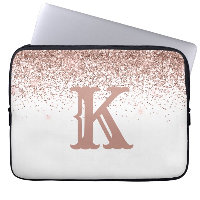 Monogram Rose Gold Glitter Girly Personalised Laptop Sleeve (Front)