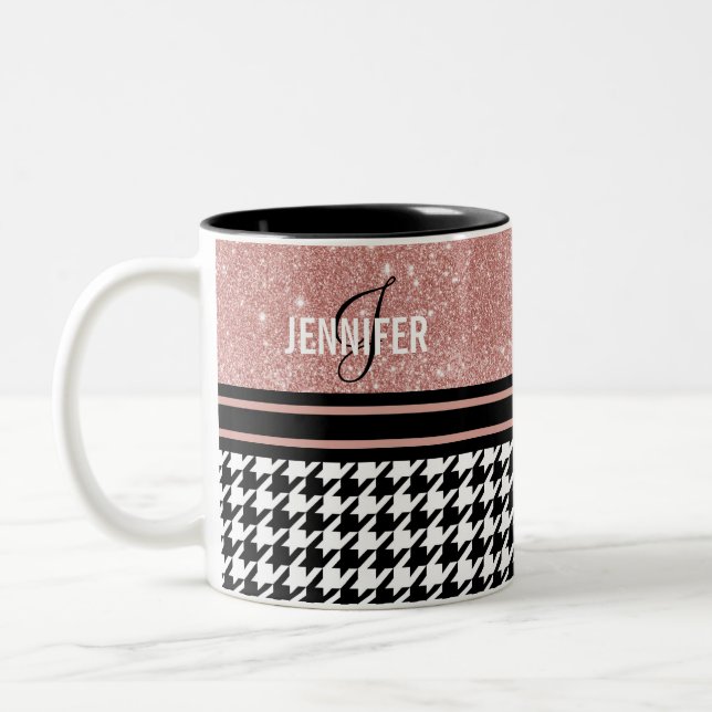 Monogram rose gold glitter houndstooth custom name Two-Tone coffee mug (Left)