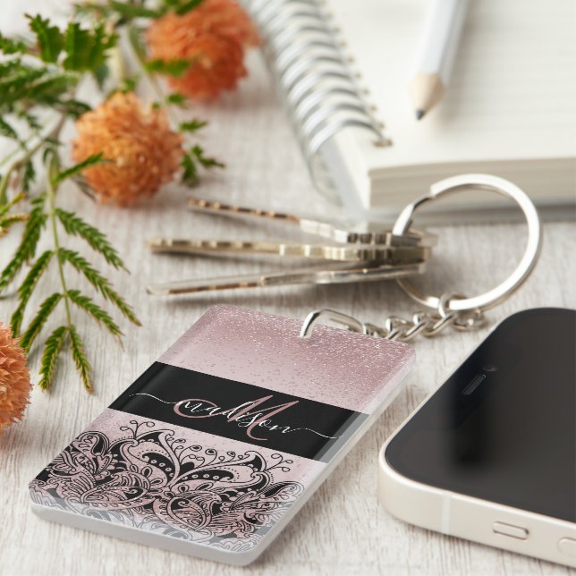 Monogram Rose Gold Glitter Key Ring (Front Right)