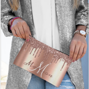 Monogram Rose Gold Glitter Look Drips Girly Accessory Pouch