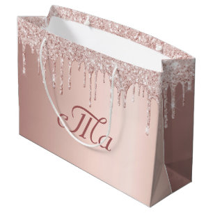 Monogram rose gold glitter pink luxurious wedding large gift bag
