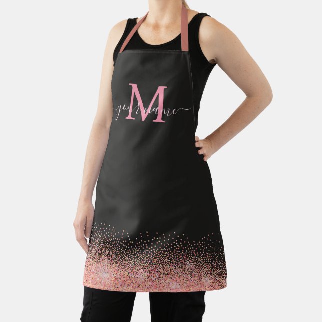 Monogram Rose Gold Glitter Sparkles and Black Name Apron (Insitu)