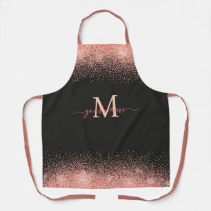 Monogram Rose Gold Glitter Sparkles and Black Name Apron