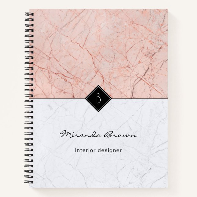 Monogram Rose Gold Grey Marble Spiral Notebook (Front)