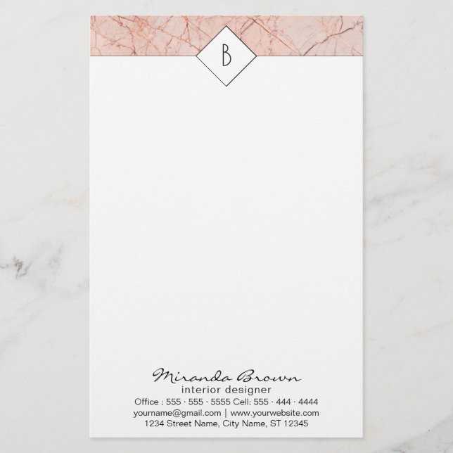 Monogram Rose Gold Marble Contact Info Stationery (Front)