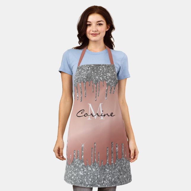 Monogram Rose Gold Metallic + Pewter Glitter Drips Apron (Worn)