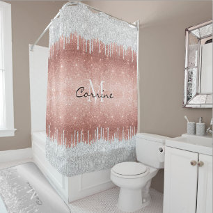 Monogram Rose Gold Ombre Glitter Silver Icing Drip Shower Curtain