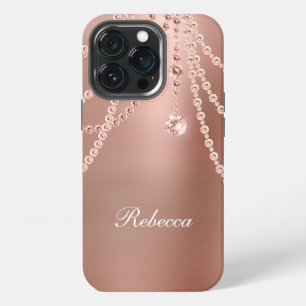 Monogram Rose Gold Pearls Diamonds Bling Glam iPhone 13 Pro Case