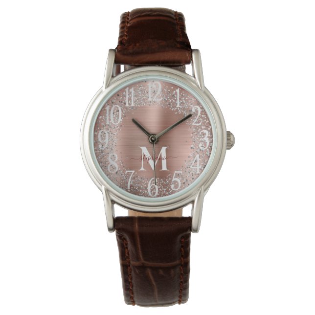 Monogram Rose Gold Silver Glitter Glam Watch (Front)