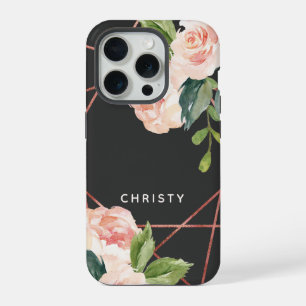 Monogram Rose Gold Watercolor Floral Dark Grey iPhone 15 Pro Case