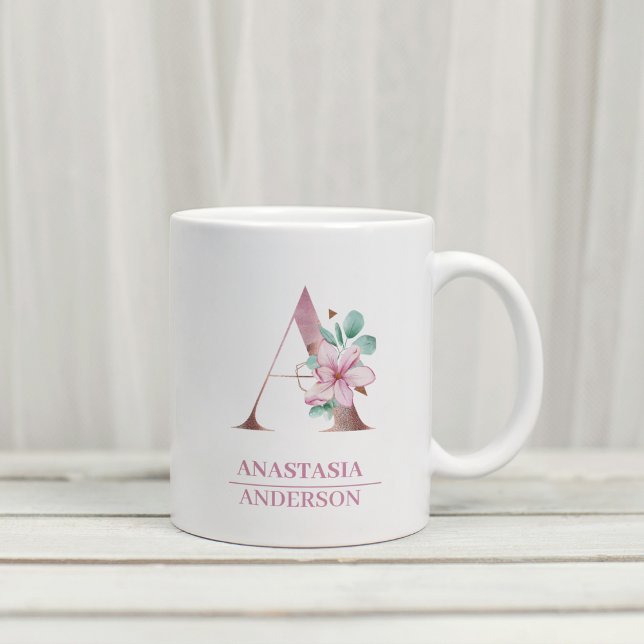 Monogram Rose Gold Watercolor Flower Letter A Coffee Mug (Creator Uploaded)