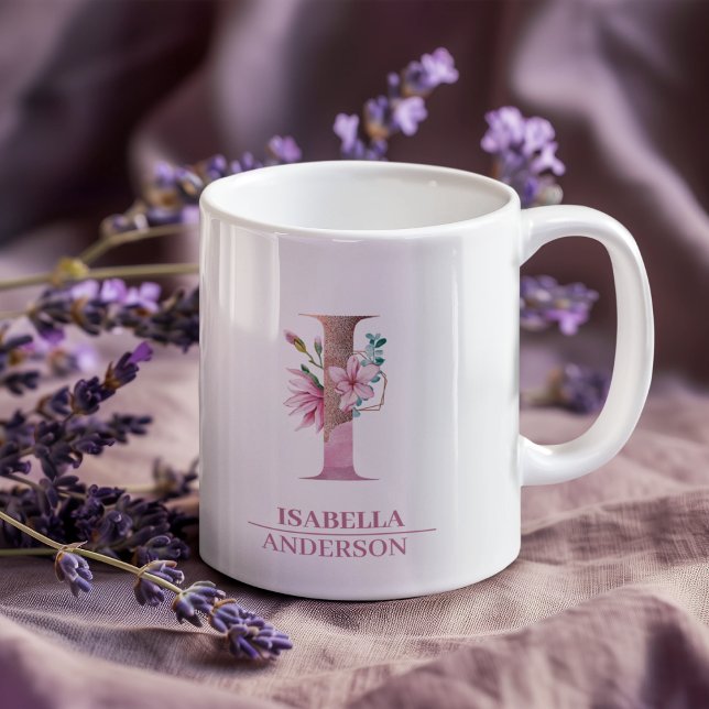 Monogram Rose Gold Watercolor Flower Letter I Coffee Mug (Creator Uploaded)