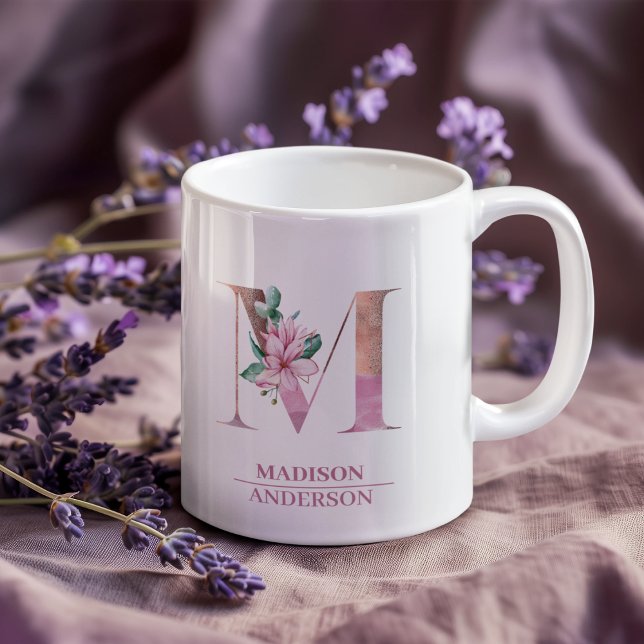 Monogram Rose Gold Watercolor Flower Letter M Coffee Mug (Creator Uploaded)