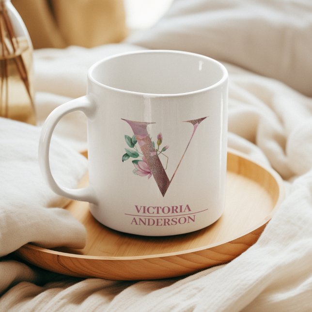 Monogram Rose Gold Watercolor Flower Letter V Coffee Mug (Creator Uploaded)