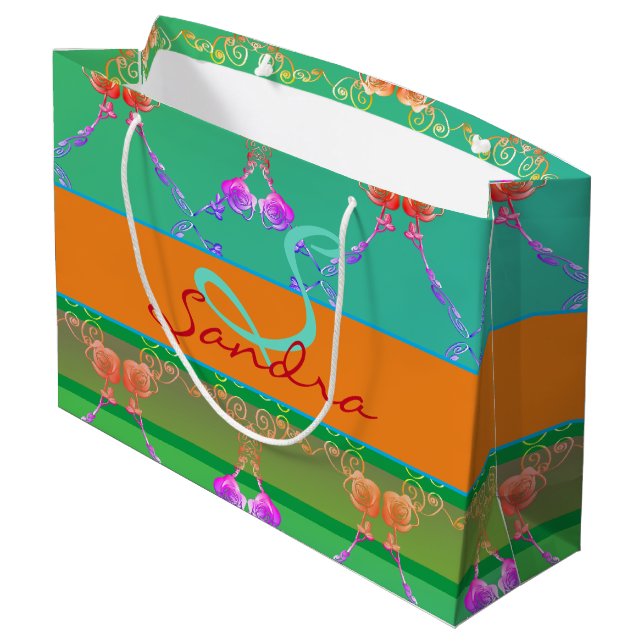 Monogram Rose Heart Apricot teal and Moss  Large Gift Bag (Back Angled)