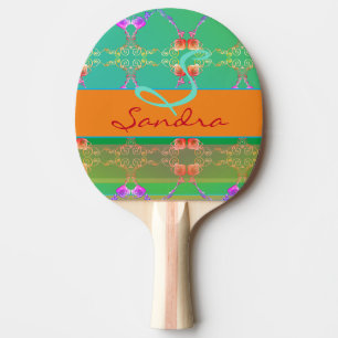 Monogram Rose Heart Apricot teal and Moss Ping Pong Paddle