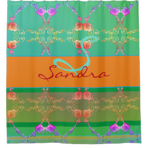 Monogram Rose Heart Apricot teal and Moss Shower Curtain