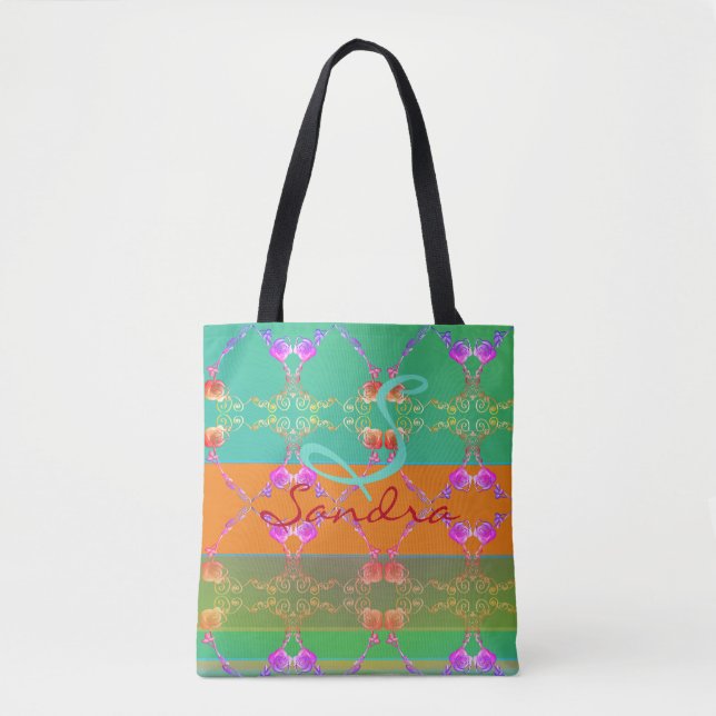 Monogram Rose Heart Apricot teal and Moss  Tote Bag (Front)