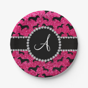 Monogram rose pink glitter dachshund paper plate
