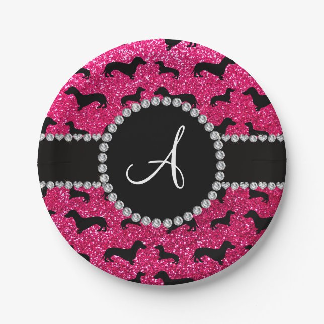 Monogram rose pink glitter dachshund paper plate (Front)
