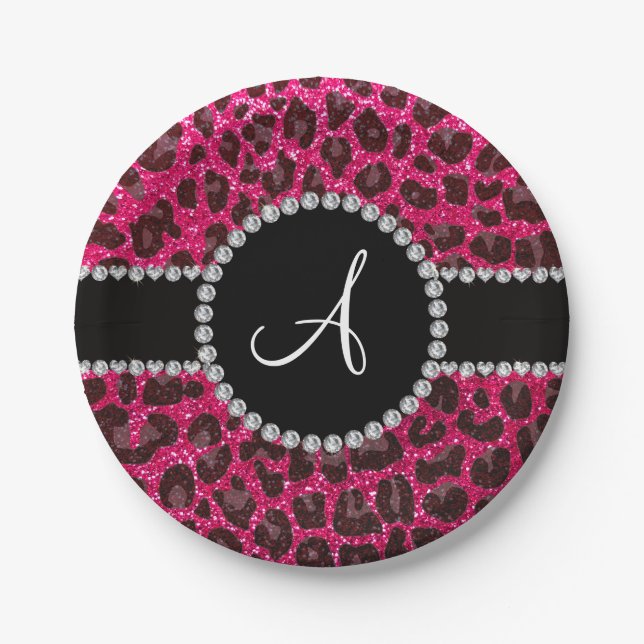 Monogram rose pink glitter leopard paper plate (Front)