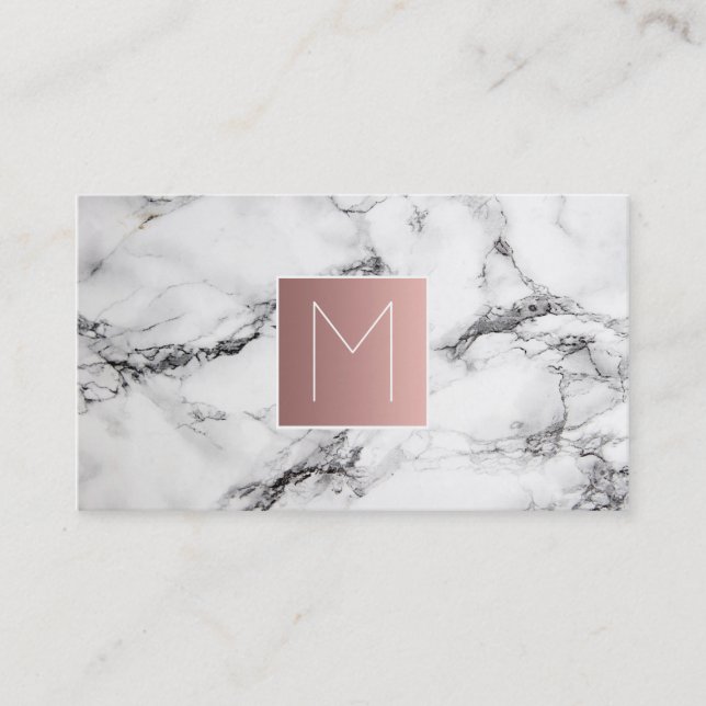 monogram rose pink on black and white marble business card (Front)