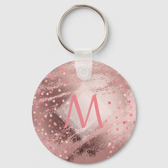 Monogram ROSEGOLD Metallic Foil Confetti Look Key Ring (Front)