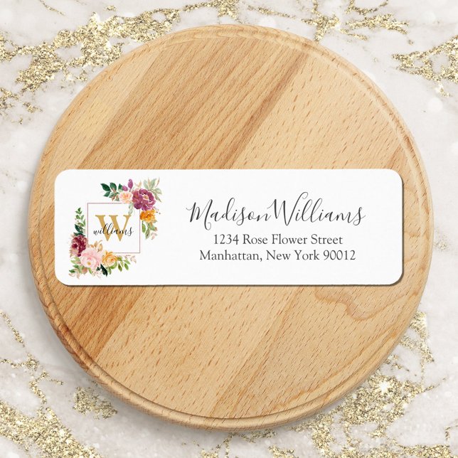 Monogram Roses Gold Flower Floral Return Address (In situ)