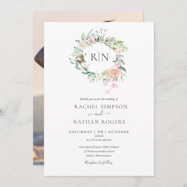 Monogram Roses Greenery Floral Photo Wedding Invitation (Front/Back)