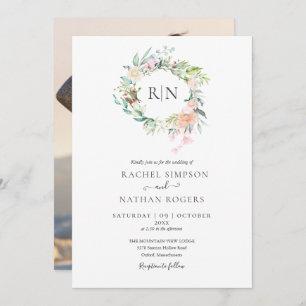 Monogram Roses Greenery Floral Photo Wedding Invitation