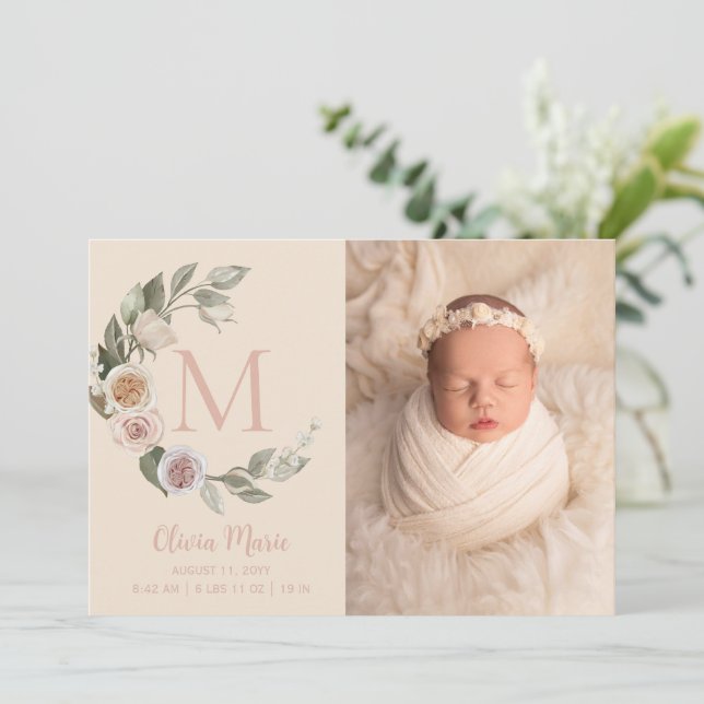Monogram Roses Photo Baby Birth Announcement (Standing Front)
