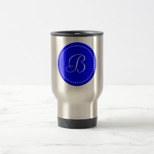 Monogram Round Blue / White Dot Border Travel Mug
