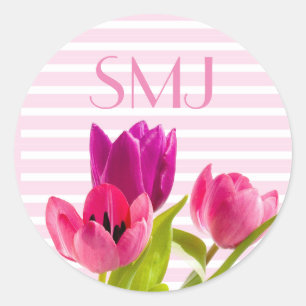 Monogram Round Floral with Pink Tulips Sticker