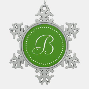 Monogram Round Green/White Dot Border Snowflake Pewter Christmas Ornament