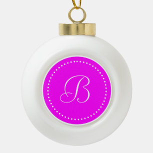 Monogram Round Pink/White Dot Border Ceramic Ball Christmas Ornament
