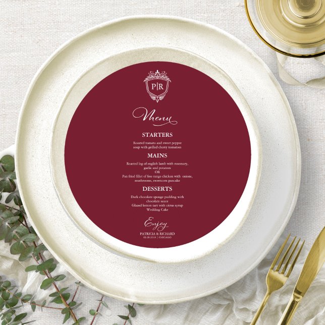 Monogram Round Wedding Menu Cards Burgundy (Creator Uploaded)