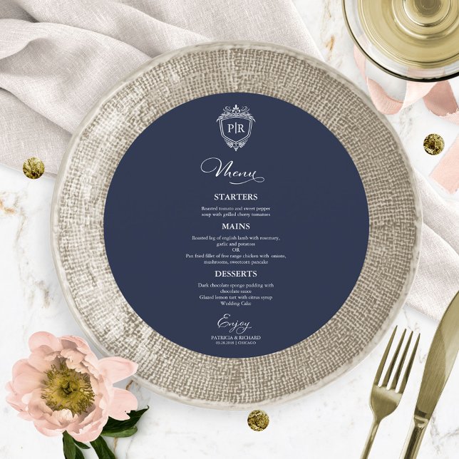 Monogram Round Wedding Menu Cards Navy Blue (Creator Uploaded)