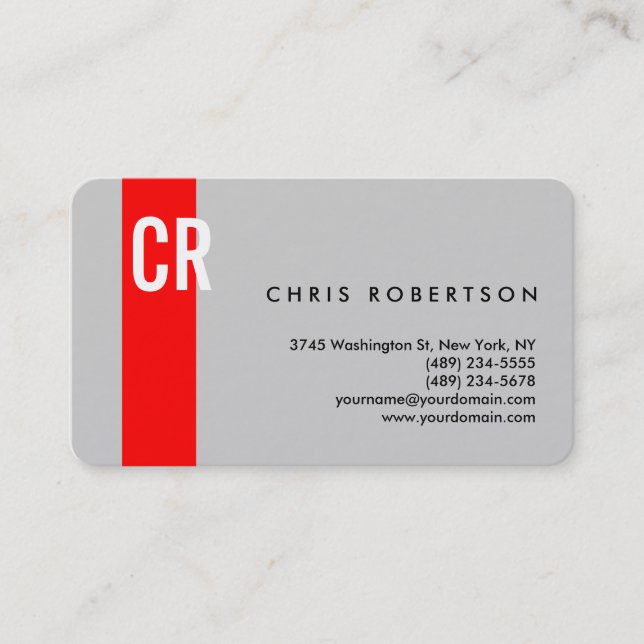 Monogram Rounded Corner Grey Red Business Card (Front)