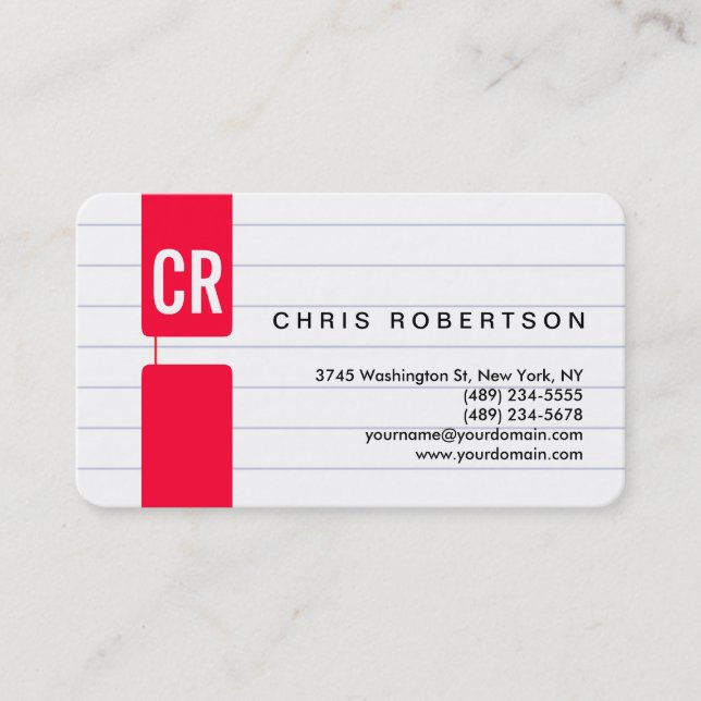 Monogram Rounded Corner Lined Paper Business Card (Front)