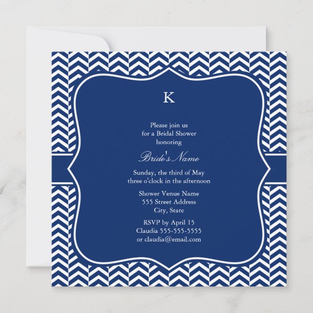 Monogram Royal Blue Chevron Pattern Bridal Invitation (Front)
