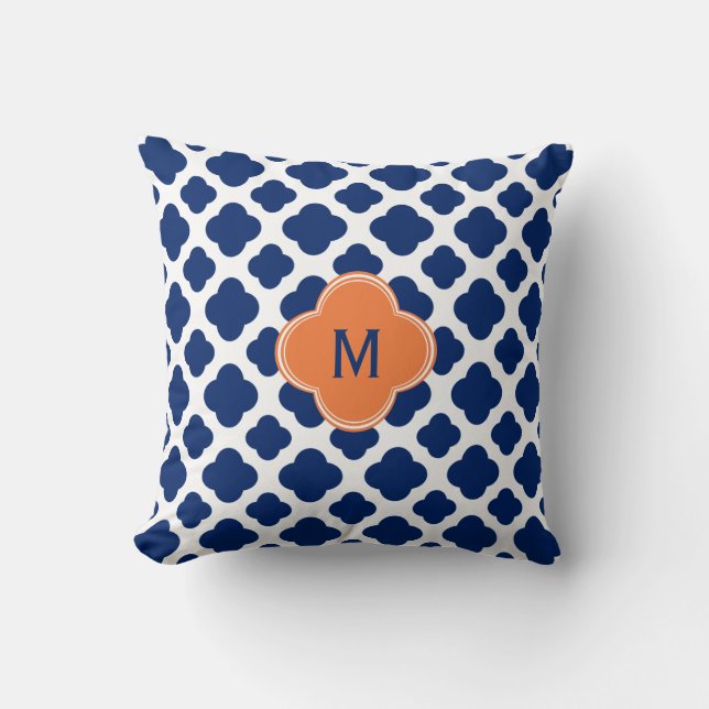 Monogram Royal Blue Quatrefoil Pattern with Orange Cushion (Front)