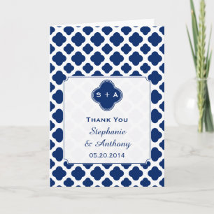 Monogram Royal Blue Quatrefoil  Wedding Thank You