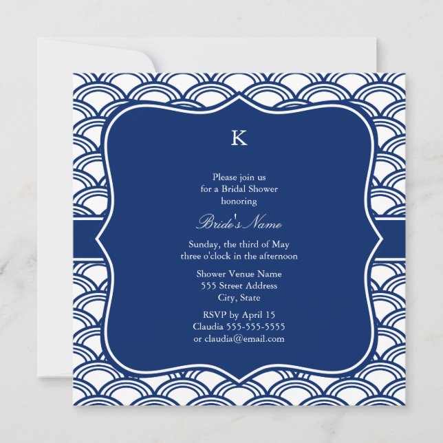 Monogram Royal Blue Seigaiha Pattern Rehearsal Invitation (Front)