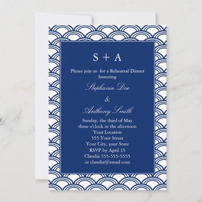 Monogram Royal Blue Seigaiha Pattern Rehearsal Invitation (Front)