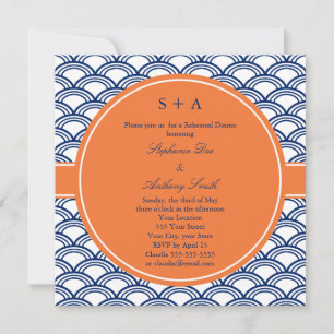 Monogram Royal Blue Seigaiha Pattern with Orange Invitation