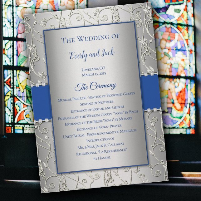 Monogram Royal Blue Silver Wedding Programs Programme (Creator Uploaded)