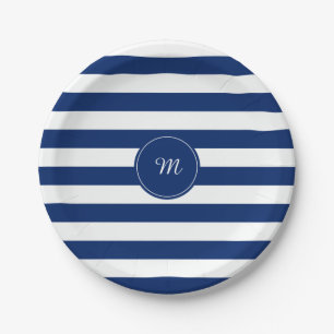 Monogram Royal Blue Striped Paper Plate