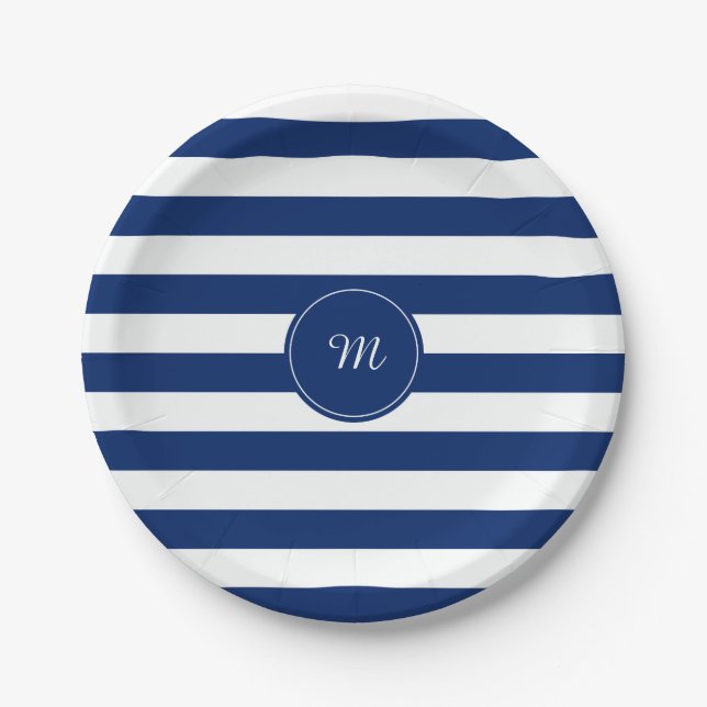 Monogram Royal Blue Striped Paper Plate (Front)
